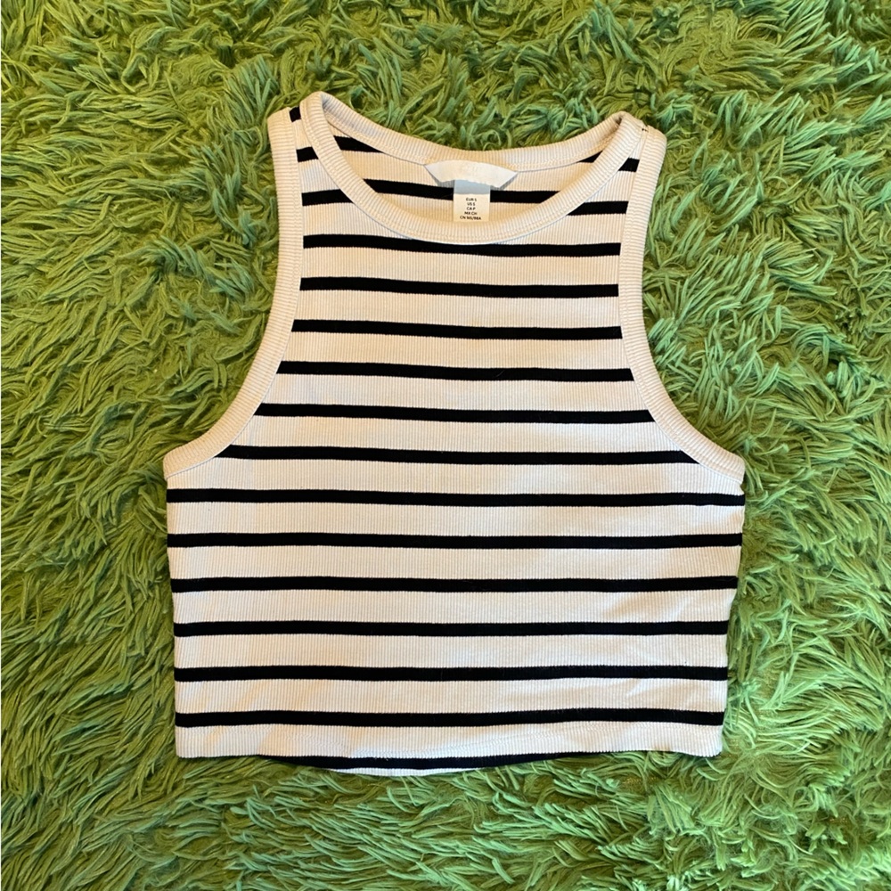 H&M Ribbed Black and Cream Striped Cropped Tank Top